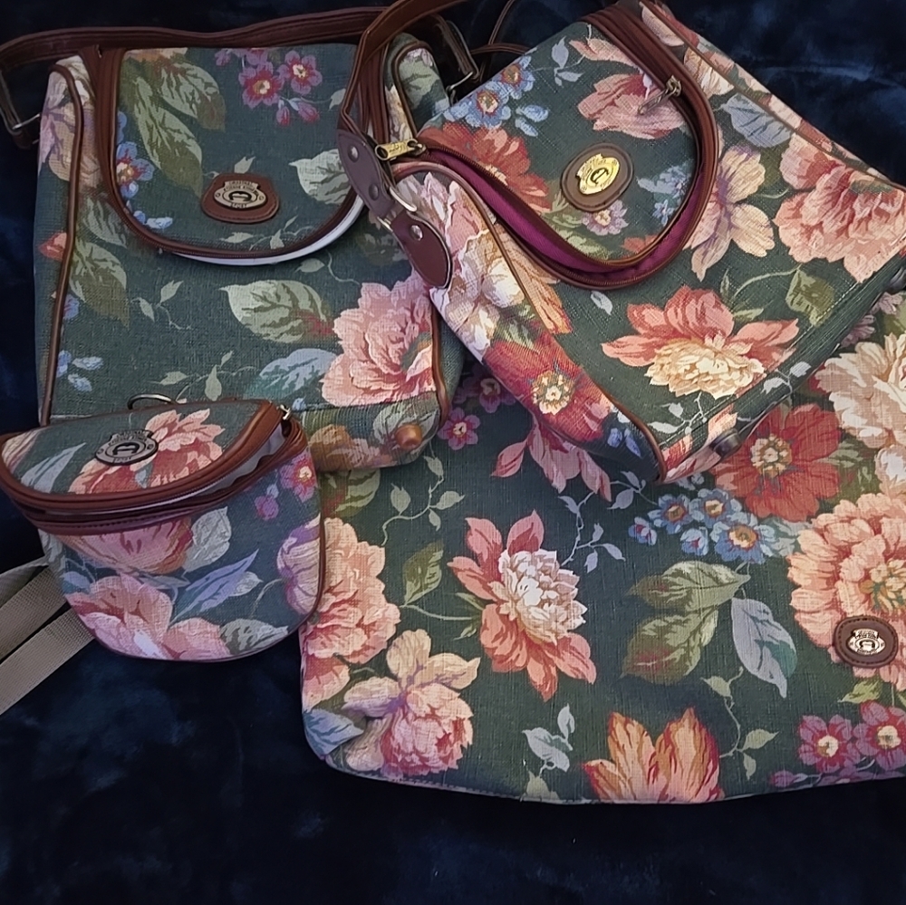 Vtg ETIENNE AIGNER Canvas Handbag Totes Lunch Box Purse Set Floral